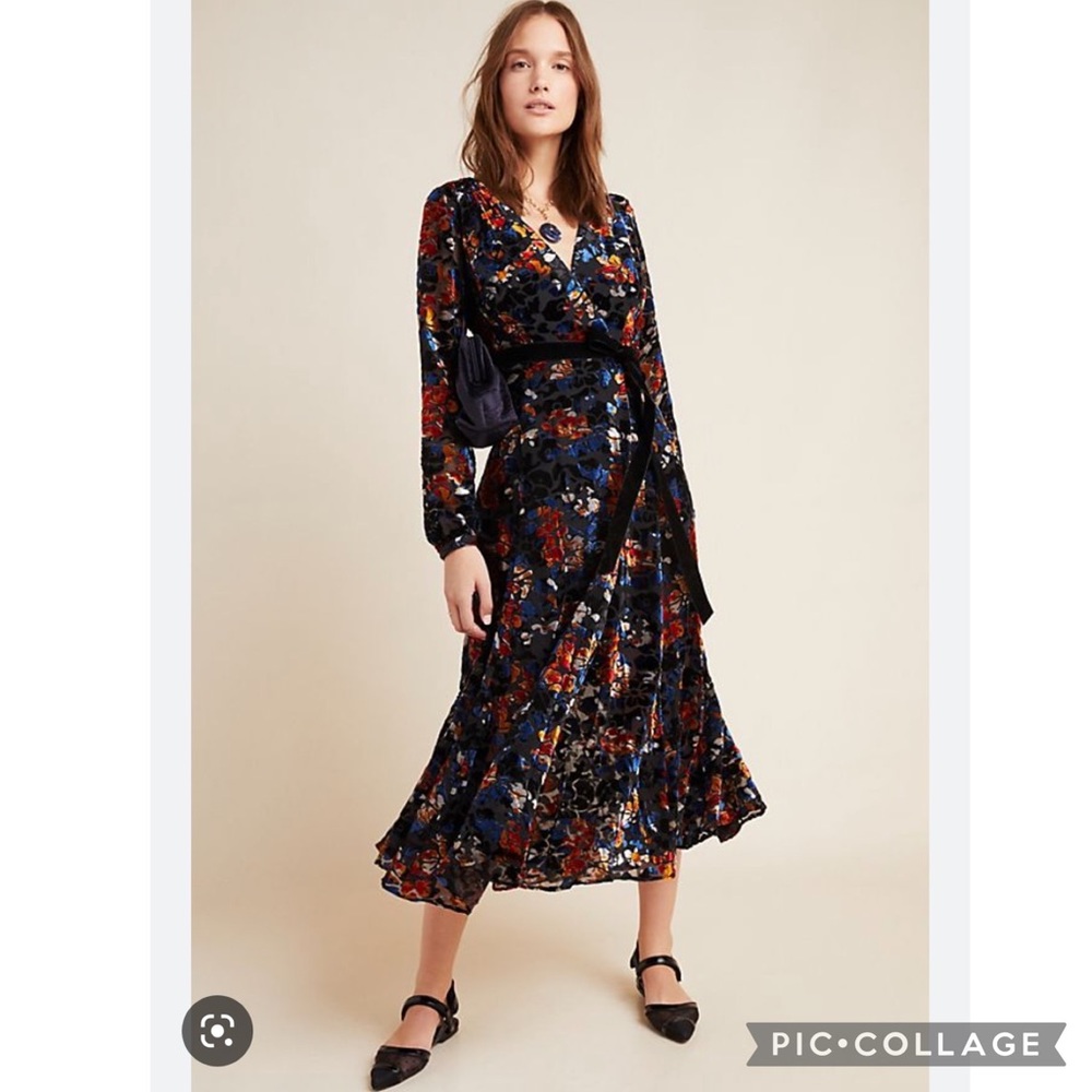 Anthropologie Hutch Deirdre Long Sleeve Floral Velvet Midi Wrap Dress
